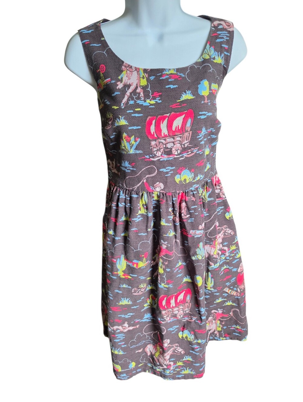 Vintage Style Cath Kidston Brown Cowboy Wagon Novelty Print Dress Women’s Medium